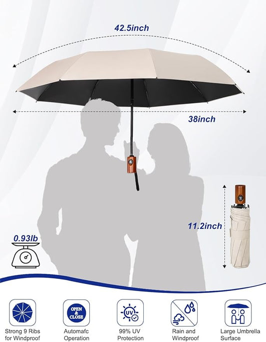 SoulRain Strong Windproof Travel Umbrella with Wooden Handle, Automatic Open Close Compact Folding for Rain & Sun UV Protection, Lightweight Durable Portable for Car, Backpack, Women & Men