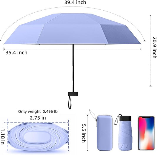Travel Mini Compact Folding Umbrella with Case - UV Sun & Rain Protection, Lightweight Portable Pocket Umbrella for Women Men Kids, Fits Purse Backpack
