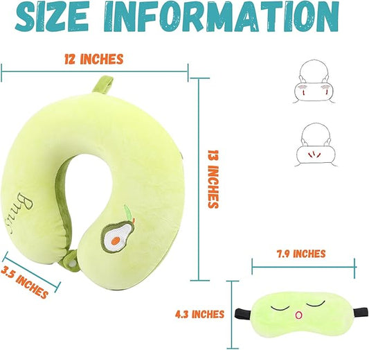 Kids Neck Pillow for Travel with Sleep Eye Mask, Cute Travel Neck Pillow, Memory Foam Flight Sleeping Headrest Pillow for Boys & Girls, Airplane, Train, Car, Home Use - Little Avocado