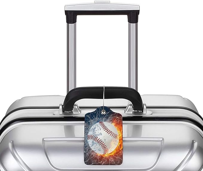2 Pack Luggage Tags for Suitcase, Privacy Cover ID Label with Stainless Steel and Address Card for Travel Bag Backpack Cruise Ship Essentials Tag Men Boys - Cool Ice Fire Baseball
