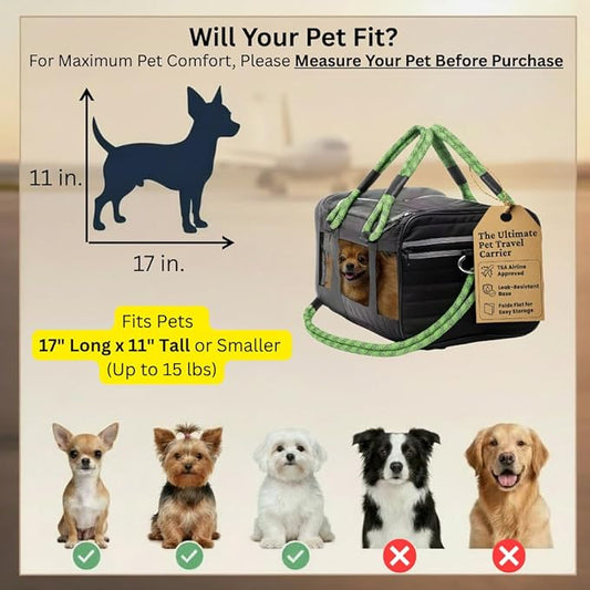 FLUFFY COMMUTE™ TSA Airline Approved Dog Carrier | Soft-Sided | Fits Small Dogs & Pets Up to 15 lbs & 17” Long × 11” Tall | Black w/Green Handle