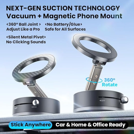 BISART Vacuum Magnetic Car Phone Holder – 360° Rotatable, Reinforced 96LBS Suction Cup Mount Compatible with MagSafe for iPhone & Android, Portable for Car, Gym & Mirror (A7-White)