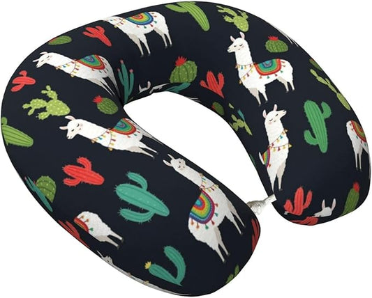 Travel Pillow Chin Neck Support, Comfortable Airplane Car Pillows for Rest, Memory Foam U Shaped Office Home Nap Sleeping Cushion Llama Alpaca Cactus