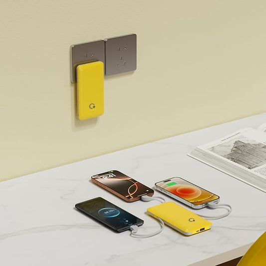 Q 10000mAh Power Bank, Slim Portable Charger,4 Output External Battery Pack with Built-in AC Wall Plug Micro USB C 3 Cables Compatible with iPhone Samsung Android Phone Tablet and More