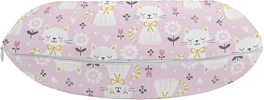 Ambesonne Kitten Travel Pillow Neck Rest, Flowers Cats with Striped Tails and a Ribbon, Memory Foam Traveling Accessory for Airplane and Car, 12", Mauve Pale Pink