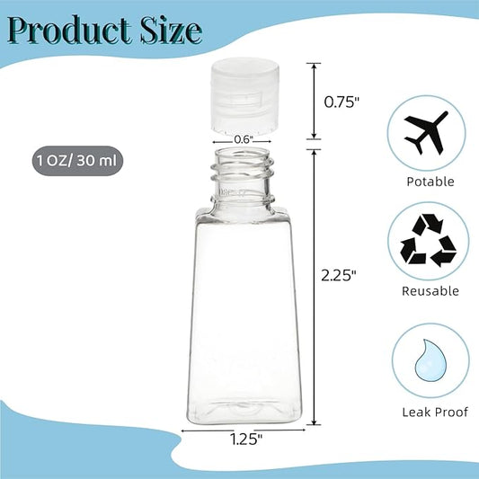 100 Pack 1 OZ Travel Plastic Bottles, Flip Cap Empty Refillable Toiletry Bottle, Mini Clear Hand Sanitizer Bottle, Small Squeeze Sample Container for Shampoo Lotions Liquid Body Soap Cream