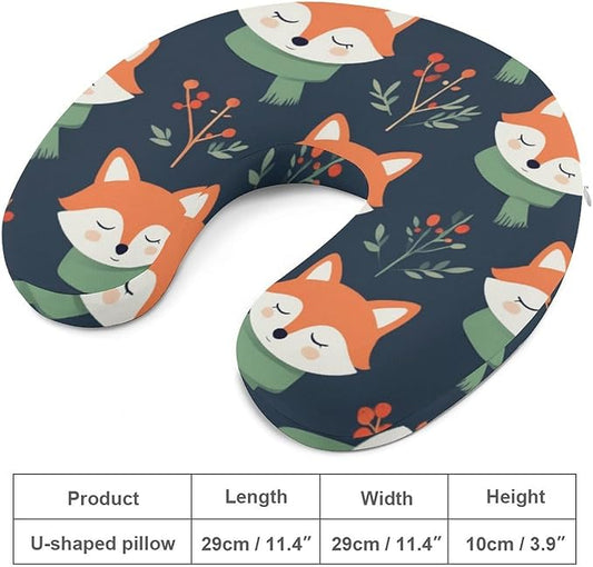 Memory Foam U-Shaped Travel Pillow Neck Pain Relief, Cute Fox U-Shape, Removable Cover Airplane Car Office