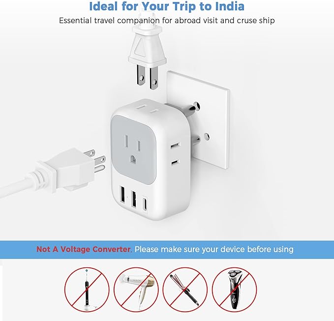 TESSAN US to India Plug Adapter, India Power Adapter with 4 American Outlets 3 USB Charger (1 USB C Port), Type D Travel Adaptor for USA to Bangladesh Maldives Nepal Pakistan