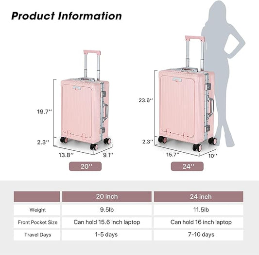 MRPLUM Front Pocket Carry On Luggage,PC Hardside Spinner Wheel Suitcase with TSA Lock,Cup Holder,Phone Holder&USB Charging Port,Pink(1 Piece)