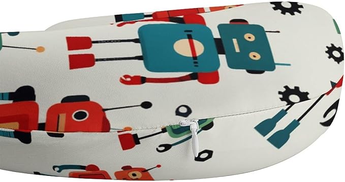 Chin Supporting U-Shaped Neck Pillow Memory Foam Travel, Robots On Gray U-Shape, Office Home Airplane Comfort