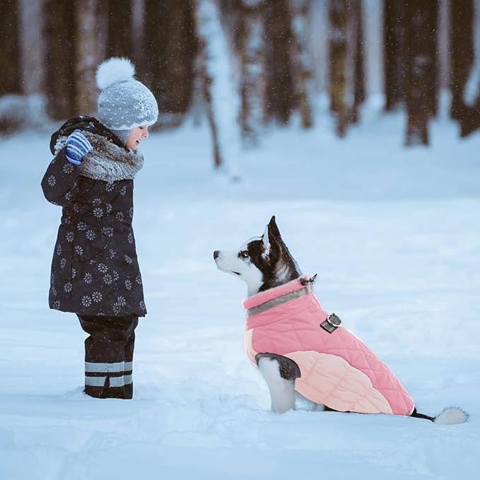 Lelepet Dog Coat Warm Dog Winter Coat Waterproof Dogs Jacket with Harness Built in Reflective Pet Fleece Vest Zip-Up Cold Weather Coats for Large Dogs Turtleneck & Windproof Coats Boxer Pink XL