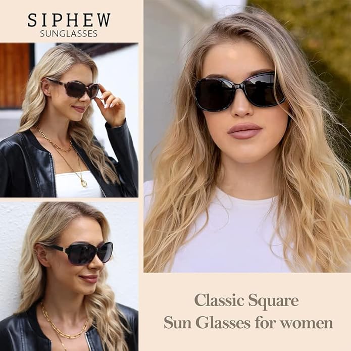 SIPHEW Polarized Sunglasses for Women | Vintage Square Sunglasses w UV400 Protection | Womens Wraparound Shade