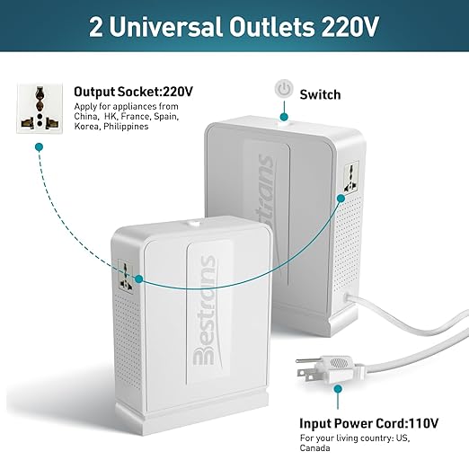 2000W Step Up Transformer 110v to 220v Converter, Heavy Duty Voltage Converter 110v to 220v with Dual Outlets, Overload Protection & Ultra-Quiet Design for Home Appliances, Pearl White