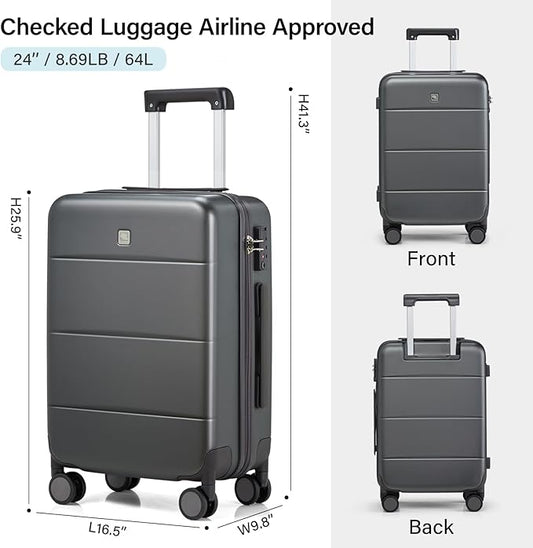 Hanke 24 Inch Checked Luggage with Spinner Wheels Hard Shell Suitcases Lightweight Travel TSA Luggage for Women Men Medium Suitcase(Graphite Grey)