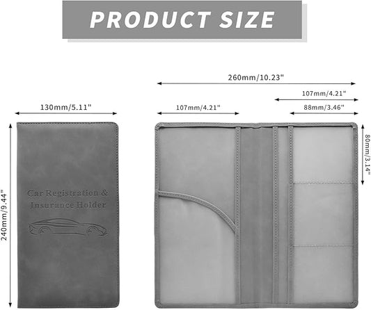 Car Registration and Insurance Card Holder - Vehicle Glove Box Document Organizer - Premium PU Leather Wallet Case - Driver License - Gray