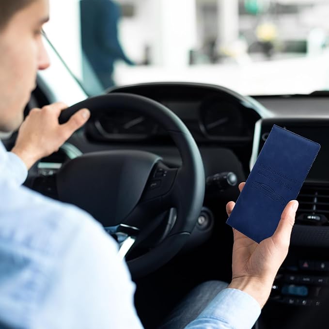 Car Registration and Insurance Card Holder - Vehicle Glove Box Document Organizer - Premium PU Leather Wallet Case - Driver License - Blue