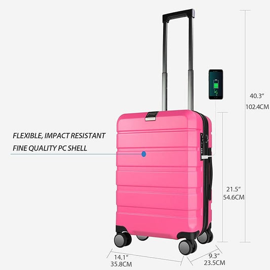 KROSER Hardside Expandable Carry On Luggage with Spinner Wheels & Built-in TSA Lock, Durable Suitcase Rolling Luggage with USB Port, Carry-On 20-Inch Magenta