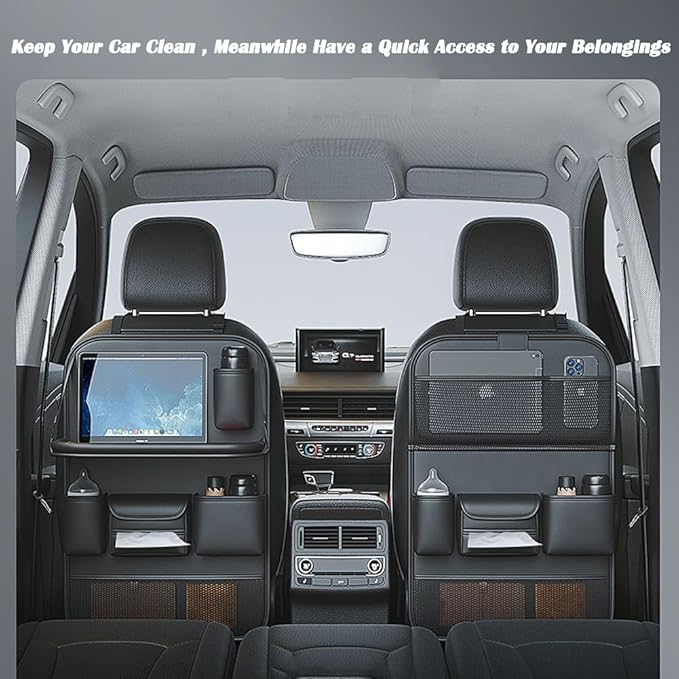 Car Backseat Organizer with Foldable Table Tray,Car Seat Back Protector with Touch Screen Phone Holder,Premium PU Leather Material,Compatible with Most Vehicles,Inner Car Accessories