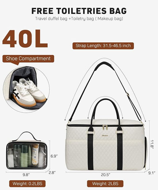 Travel Duffle Bag, Weekender Bag for Women with Shoe Compartment, Large Carry On Overnight Bag with Toiletry Bag, Gym Duffel Bag with Wet Pocket, Hospital Bags for Labor and Delivery (Beige Black)