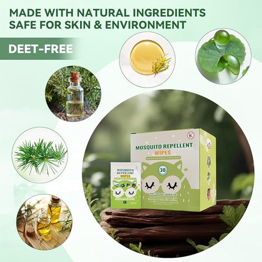 30 PCS Mosquito Repellent Wipes, Individually Wrapped Insect Repellent Wipes Made of Natural Plant-Based Essential Oils, Safe & Effective Insect Protection Perfect for Outdoor Activities, Long-Lasting