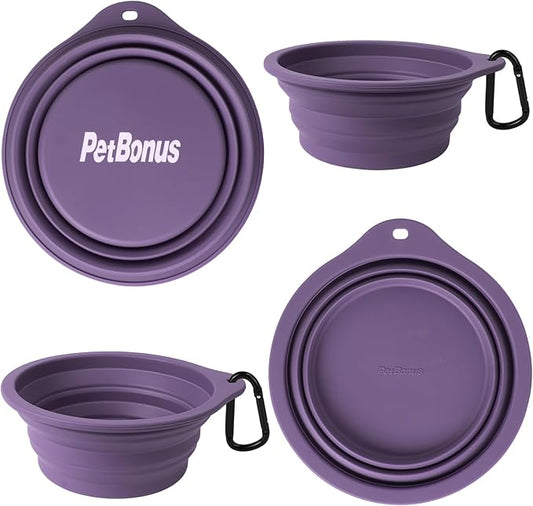 PetBonus 2-Pack Silicone Collapsible Dog Bowls, BPA Free Dishwasher Safe, Portable Foldable Expandable Travel Bowl, Food Water Feeding Cup Dish for Dogs Cats with 2 Carabiners (Black, Dark Purple)