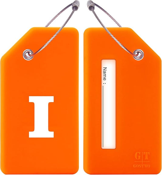 Gostwo 2 Pack Silicone Luggage Tags for Suitcases, 26 Initial Letter Baggage Labels Handbag School Bag Suitcase Instrument Tag with Stainless Steel Loop(Orange)(Letter I)