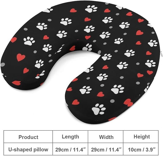 Memory Foam Travel Pillow Paw Prints and Hearts On Black, Breathable Chin Head Support, Washable Zip Cover for Airplane Car Office Pain Relief