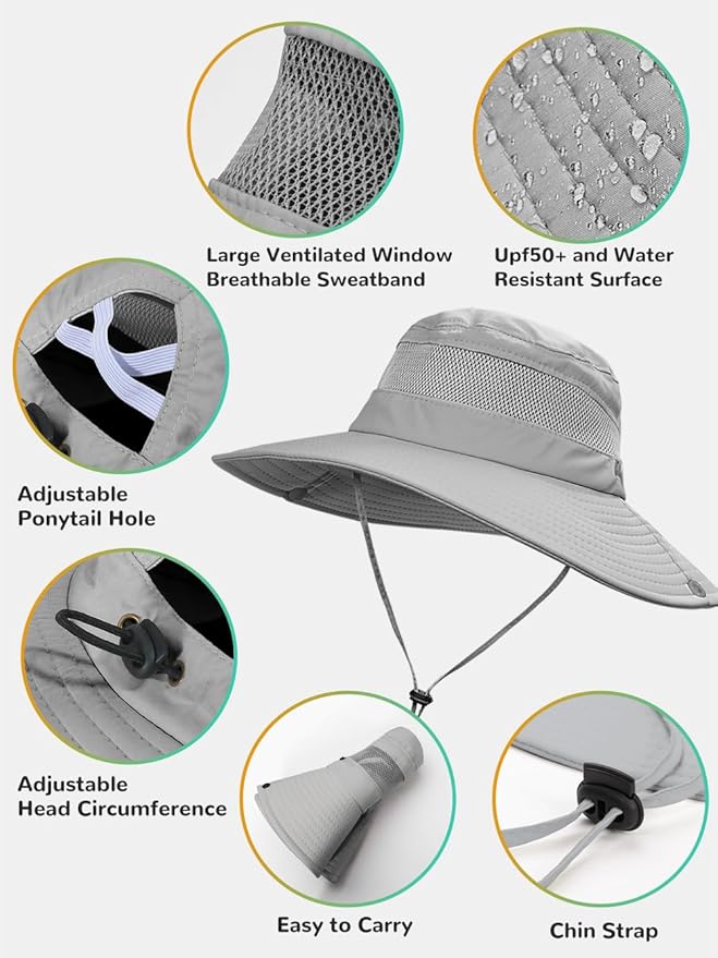 Sun Bucket Beach Hats for Women with Ponytail Hole,Sun Protection UV UPF50+ Waterproof Fishing Safari Hiking Hat