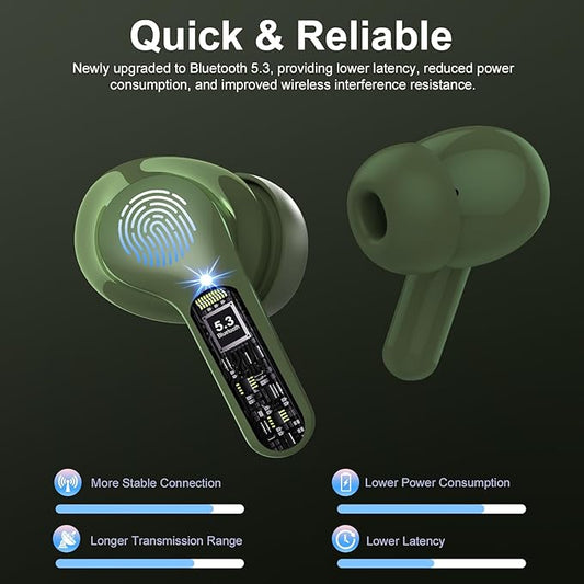 Wireless Earbuds, Bluetooth 5.4 Headphones HiFi Stereo, Bluetooth Earbuds with ENC Noise Cancelling Mic, IP7 Waterproof in Ear Earphones, 48H, LED Display Ear buds for Pad Phones Workout Sports, Green