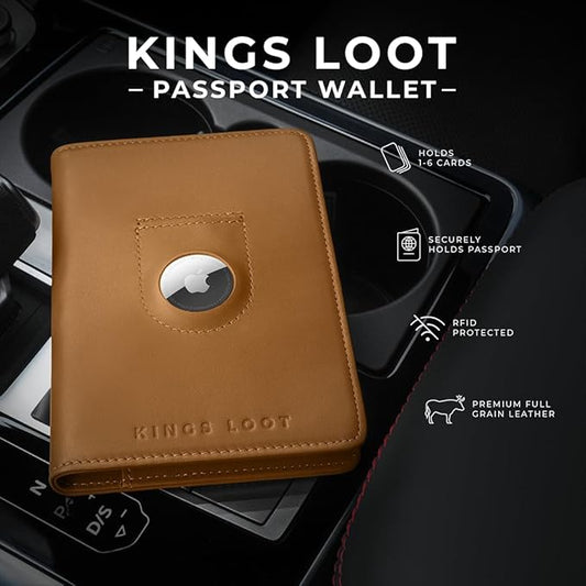 Kings Loot Passport Holder Wallet – RFID Blocking Leather Travel Wallet with Built-in Airtag Holder – Holds 1-6 Cards & Passport – Easy Pull Tab – Slim & Stylish Wallets (Cognac/Engraved)