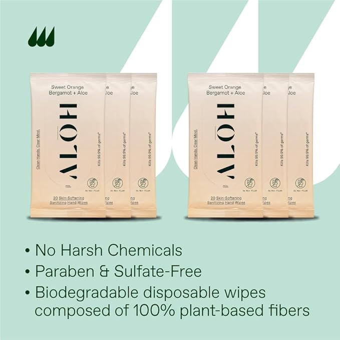 ALH Sweet Orange Bergamot + Aloe Sanitizing Hand Wipes - Clean Hands, Clear Mind - On The Go Hand Sanitizer for Kids & Adults - Travel Size 6 Packs (120 wipes)