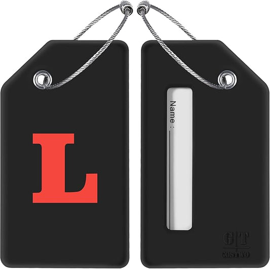 Gostwo 2 Pack Silicone Luggage Tags for Suitcases, 26 Initial Letter Baggage Labels Handbag School Bag Suitcase Instrument Tag with Stainless Steel Loop(Black)(Letter L)