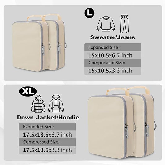Extra Large Compression Packing Cubes for Travel Essentials, 2 Set Expandable Travel Cubes for Packing Compression Bags Luggage Suitcase Organizer, Cream