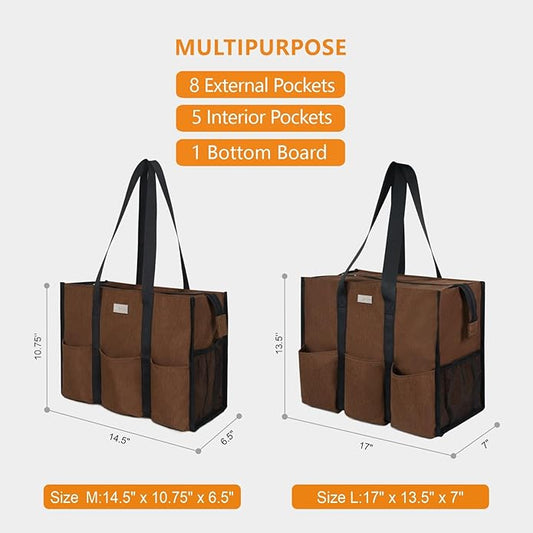 TOPDesign Utility Water Resistant Tote Bag with 13 Pockets, Top Zipper Closure & Thick Bottom Support, for Working Women