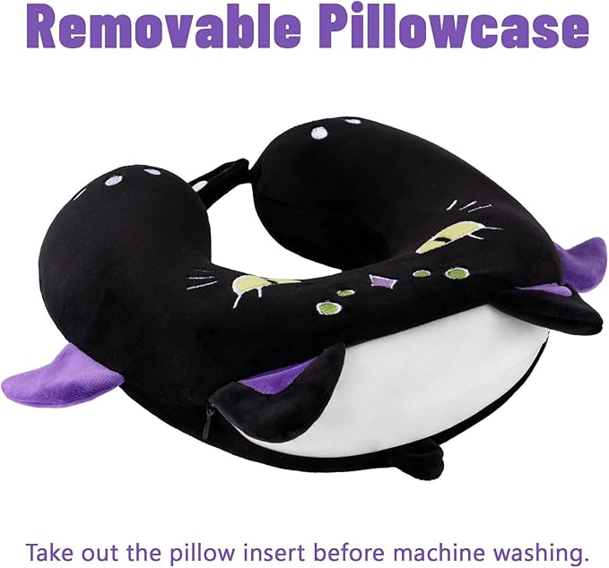 Niuniu Daddy Black Cat Kids Neck Travel Pillow for Kids, Compact Portable Travel Neck Pillow Supportive for Airplane Car Recline Sleeping for 3-8 Years Cute Boys Girls Toddlers Holiday Long Trip