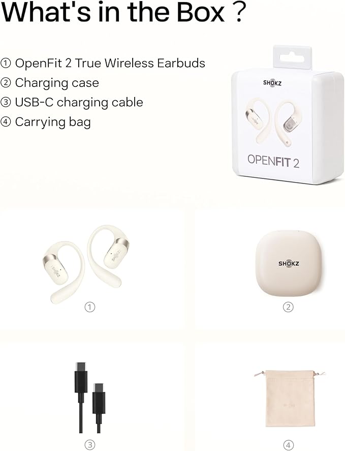 SHOKZ OpenFit 2 Open-Ear Headphones,True Wireless Bluetooth Earphones with Microphone,Earhook Earbuds with 48 Hours of Playtime,Fast Charging,IP55 Water-Resistant,with Carrying Bag,Beige,Bluetooth5.4