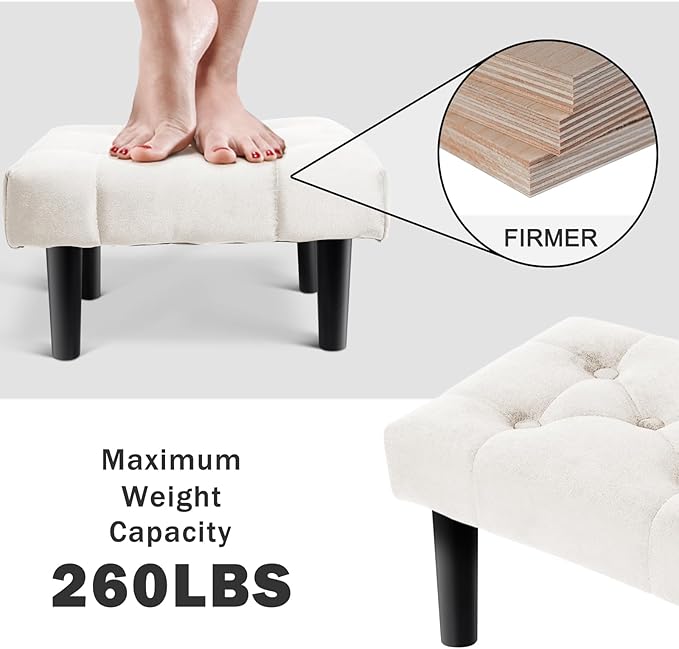 HOUCHICS Small Footstool Ottoman,Velvet Soft Footrest Ottoman with Wood Legs,Sofa Footrest Extra Seating for Living Room Entryway Office(White 2PACK)