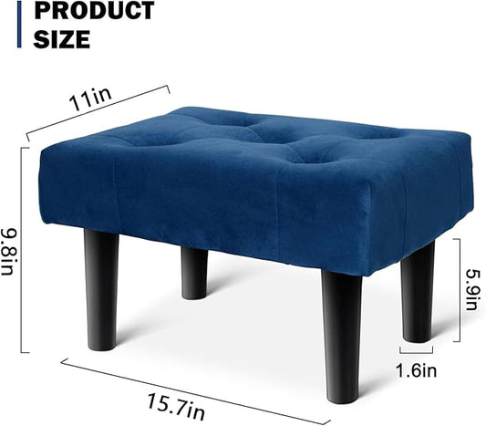 HOUCHICS Small Footstool Ottoman, Velvet Wooden Foot Stool Ottoman with Wood Legs, Sofa Footrest Extra Seating for Living Room Entryway Office(Blue 2PACK)