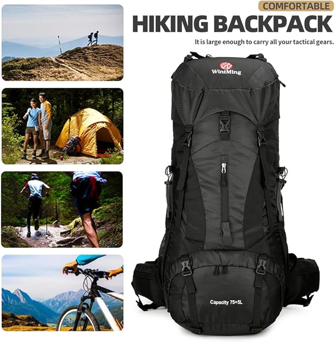 75L Hiking Backpack with Rain Cover Waterproof Camping Backpack Shoes Warehouse for Men Women, Frameless