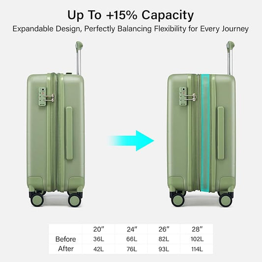 Hanke Expandable Luggage Sets 3 Piece with Spinner Wheels, 20/24/28" Hardside Carry On Luggage Large Suitcase, All-PC Hard Shell Luggage, TSA Lock, Lightweight Durable (Bamboo Green)