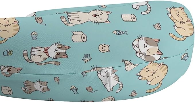 Memory Foam U-Shaped Travel Pillow Neck Pain Relief, Cute Funny Cats Mint Green Art U-Shape, Removable Cover Airplane Car Office