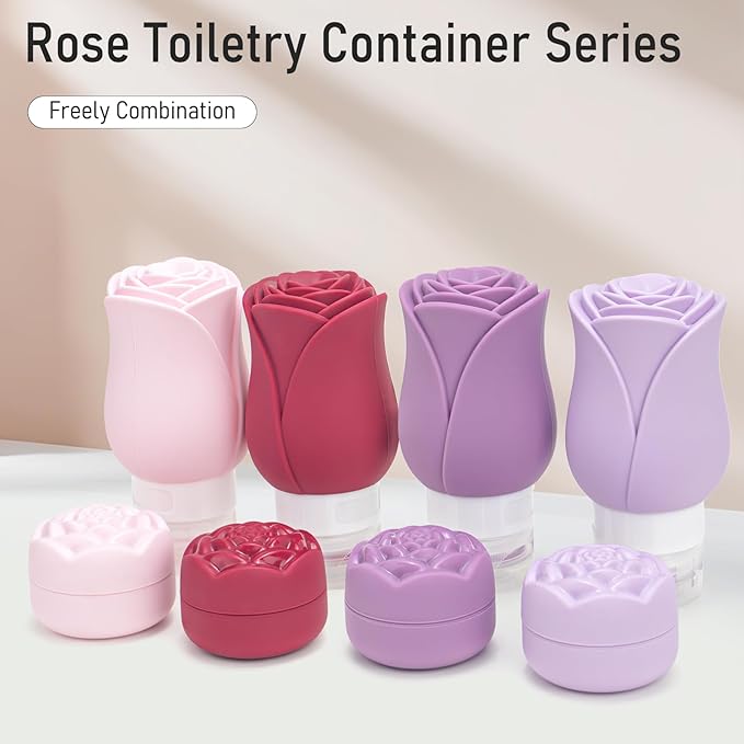Travel Containers Bottle for Toiletry 4 Pack 3oz Leakproof TSA Approved & Refillable Mini Cream Jars, Silicone Squeeze Tube Rose Bottles for Shampoo Lotion Body Wash BPA Free +Bag, Red Pink Rose