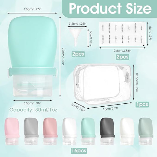 1oz Silicone Travel Bottles for Toiletries,16-Pack TSA Approved Leakproof Toiletry Bottles with Locking Lid, Refillable Travel Size Containers with Storage Bag for Shampoo, Body Wash, Camping & Trips