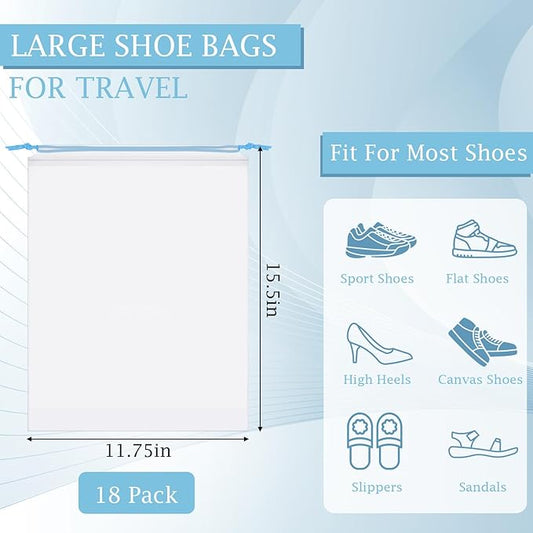 18 Pack Shoe Bags for Travel, 15.7" x 11.8" Clear Travel Shoe Bags for Packing with Colorful Drawstring, Large Waterproof Portable Travel Shoe Storage Bag Travel Essentials Women for and Men