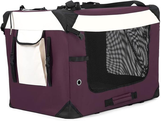 Large Cat Carrier, Collapsible Dog Travel Crate Portable Soft-Sided Pet Carrier with Super Soft Warm Plush Mat for Indoor and Outdoor 24x16x16in,Purple