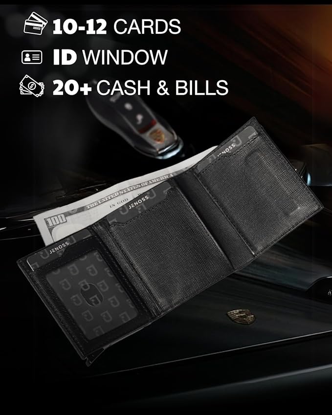Jenoss Smart Wallet For Men: Full Grain Leather, Handcrafted, Slide Metal Pop Up Case, Slim RFID Blocking Credit Card Holder, Minimalist Compact 12 Cards Slot Organizers ID Money Clip (Black & Carbon)