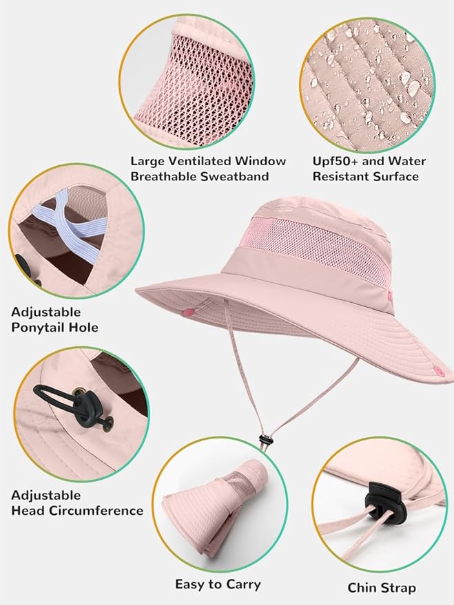 Sun Bucket Beach Hats for Women with Ponytail Hole,Sun Protection UV UPF50+ Waterproof Fishing Safari Hiking Hat