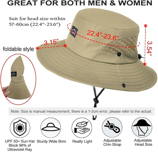 Fishing Hat, UPF50+ Wide Brim Sun Hat for Men Women, UV Protection Hiking Beach Bucket Hats Summer Safari Hat