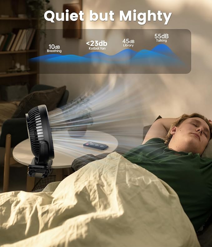 8-inch Clip-on Fan - 12000mAh Portable Rechargeable Battery With 3 Speeds and Strong Airflow, USB Small Desk Personal Quiet for Office, Stroller, Bedroom and Camping