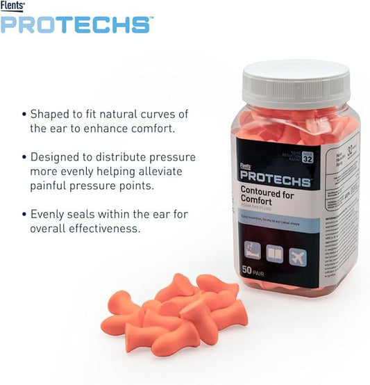 Flents Protechs Foam Ear Plugs, Contoured for Comfort, Ideal for Work with Loud Noise, Heavy Machinery, Construction, Studying & Traveling, NRR 32, Orange, Easy to Use, Made in The USA, 50 Pair